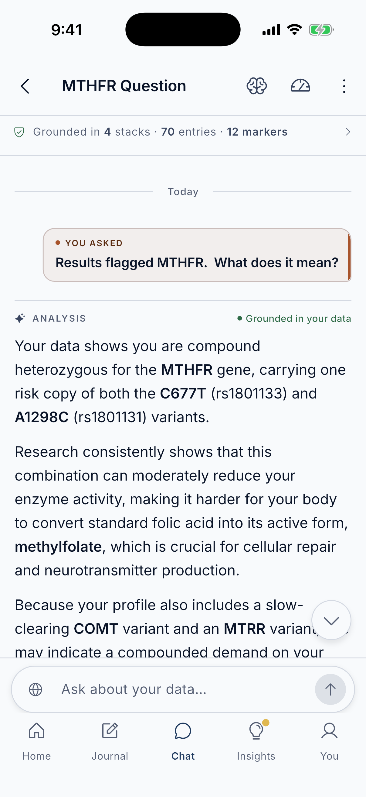 A chat answer that reads a question about how the last few days have felt against the person's own journal and genetic markers.