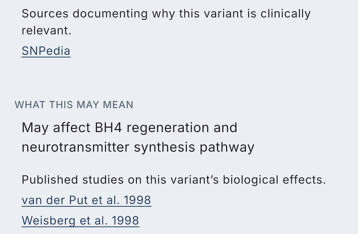 The sources block on a genetic variant: SNPedia listed under the sources documenting why the variant is clinically relevant, and van der Put et al. 1998 and Weisberg et al. 1998 listed as published studies on the variant's biological effects, each one a link you can open.