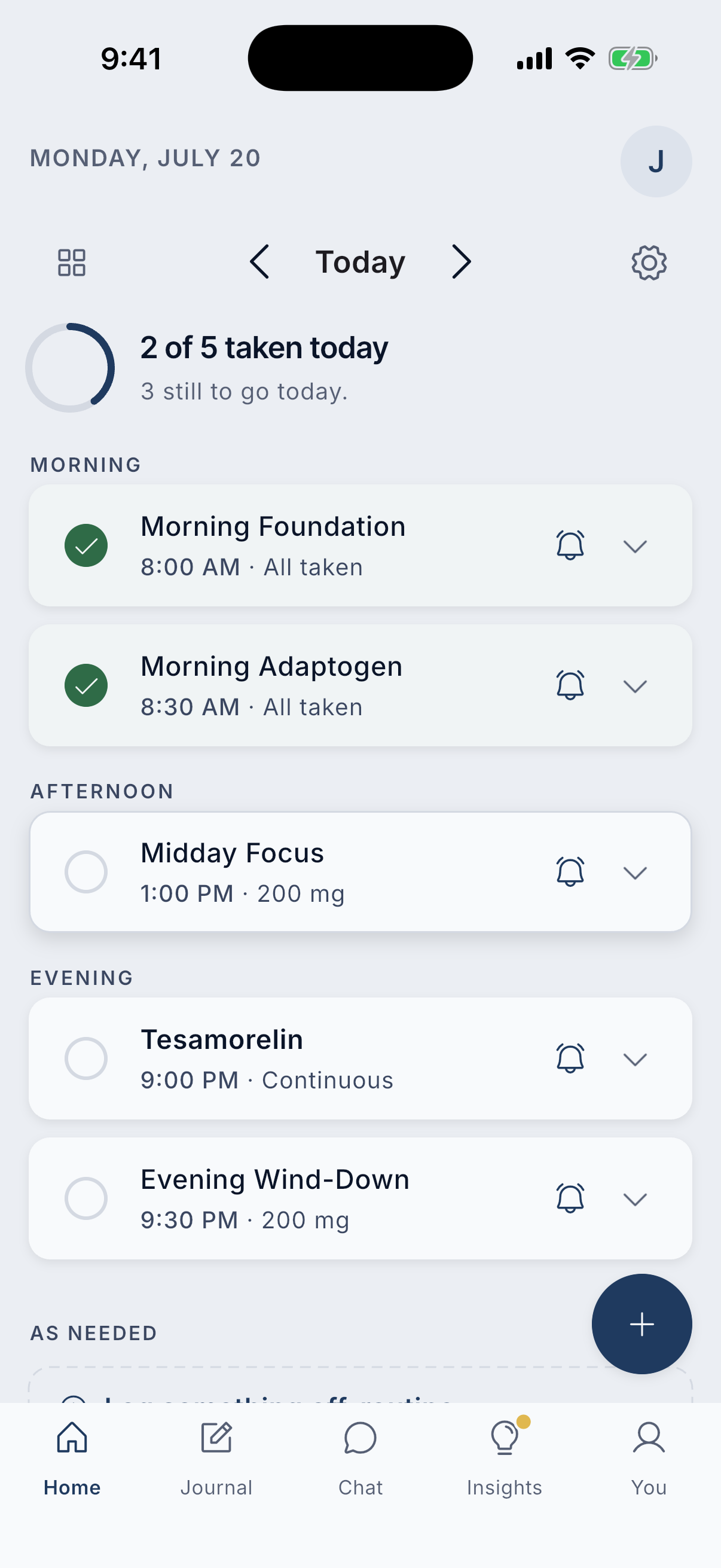 The Today timeline with morning, afternoon, and evening doses and two logged meals.