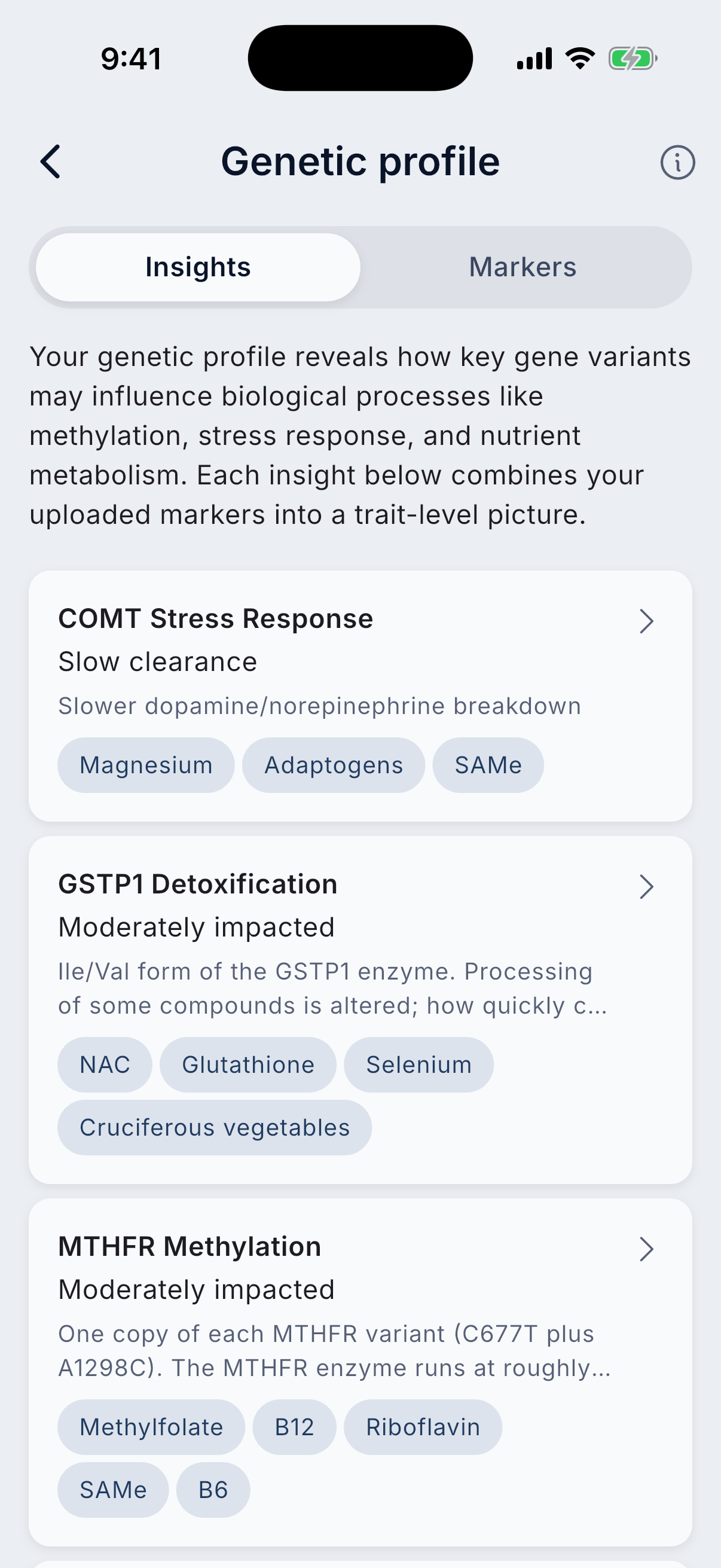 A genetic profile reading gene variants into trait-level insights tied to supplements.
