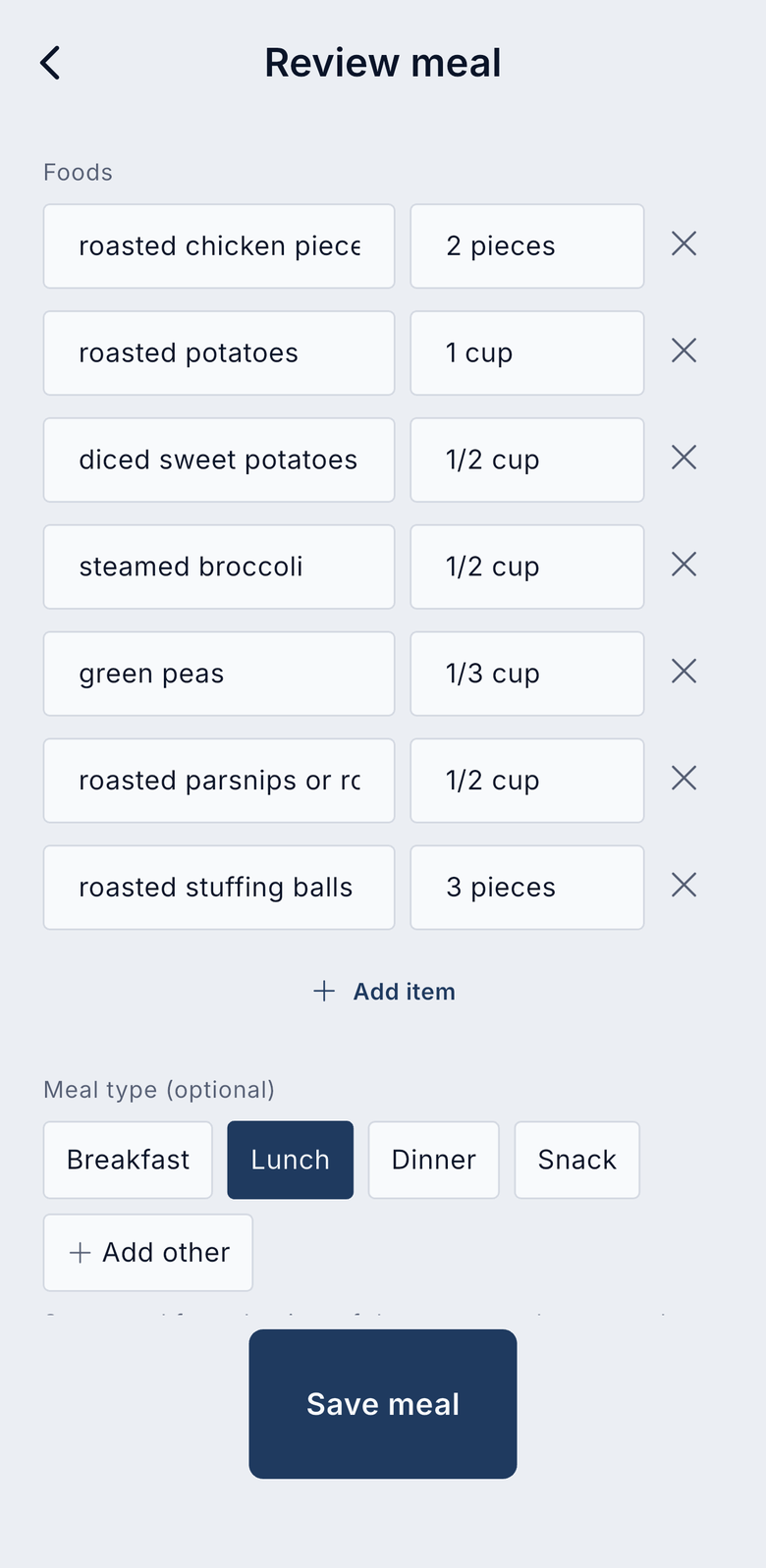 A reviewed meal broken into its ingredients and portions before saving.