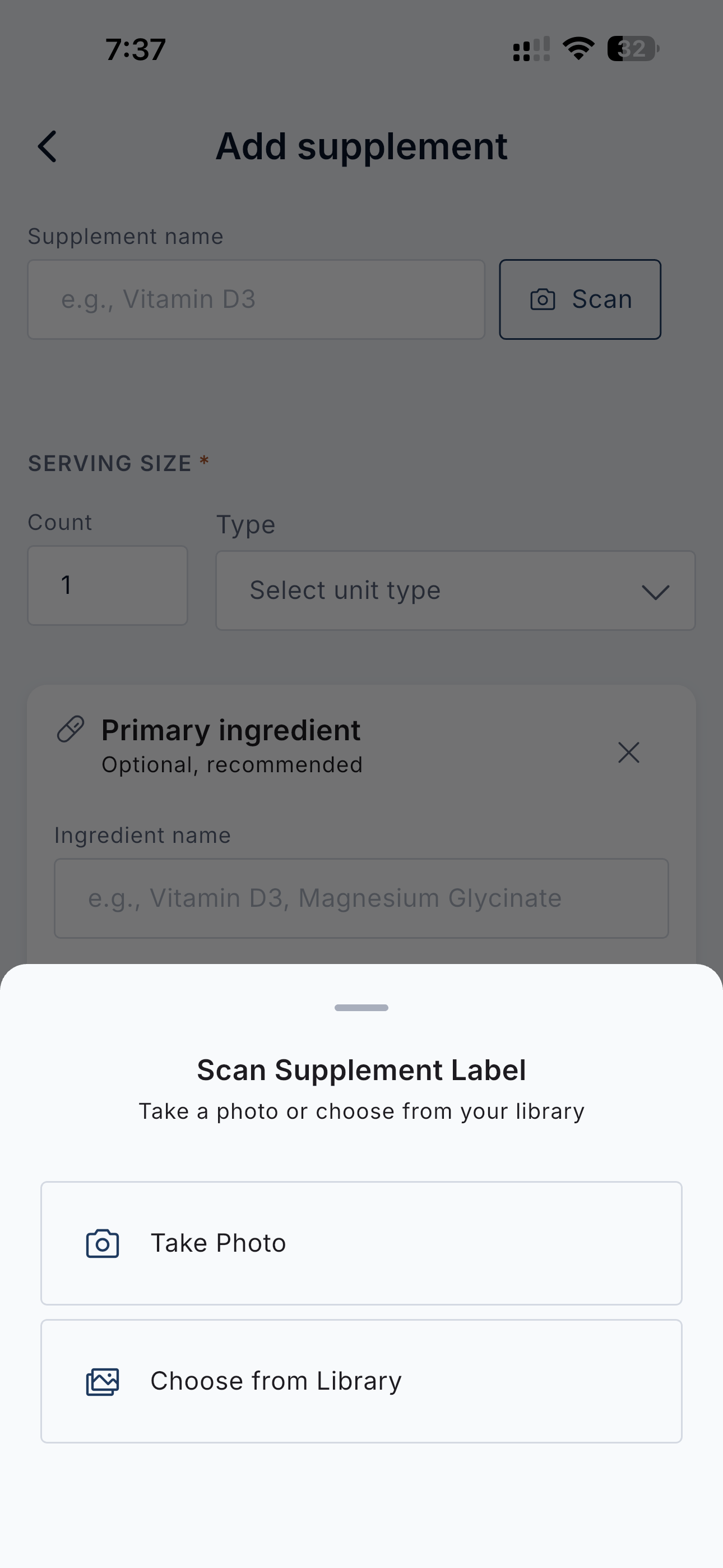 Adding a supplement, with the scan sheet open to take a label photo or choose one from your library.