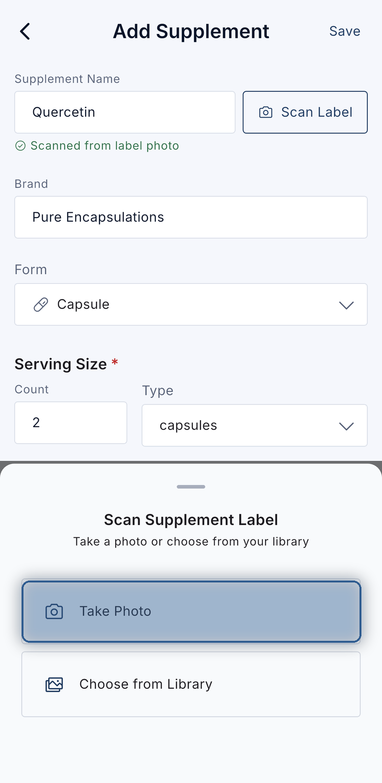 Adding a supplement, with Quercetin and its brand read from a label photo and marked scanned.
