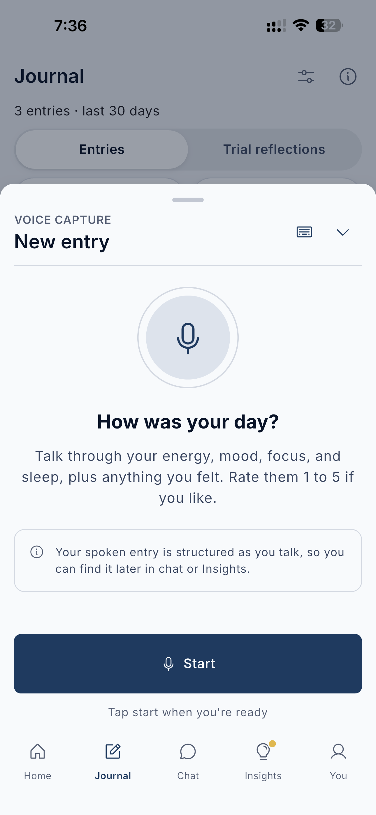 The voice capture sheet for a new journal entry, with a mic button under 'How was your day?'.