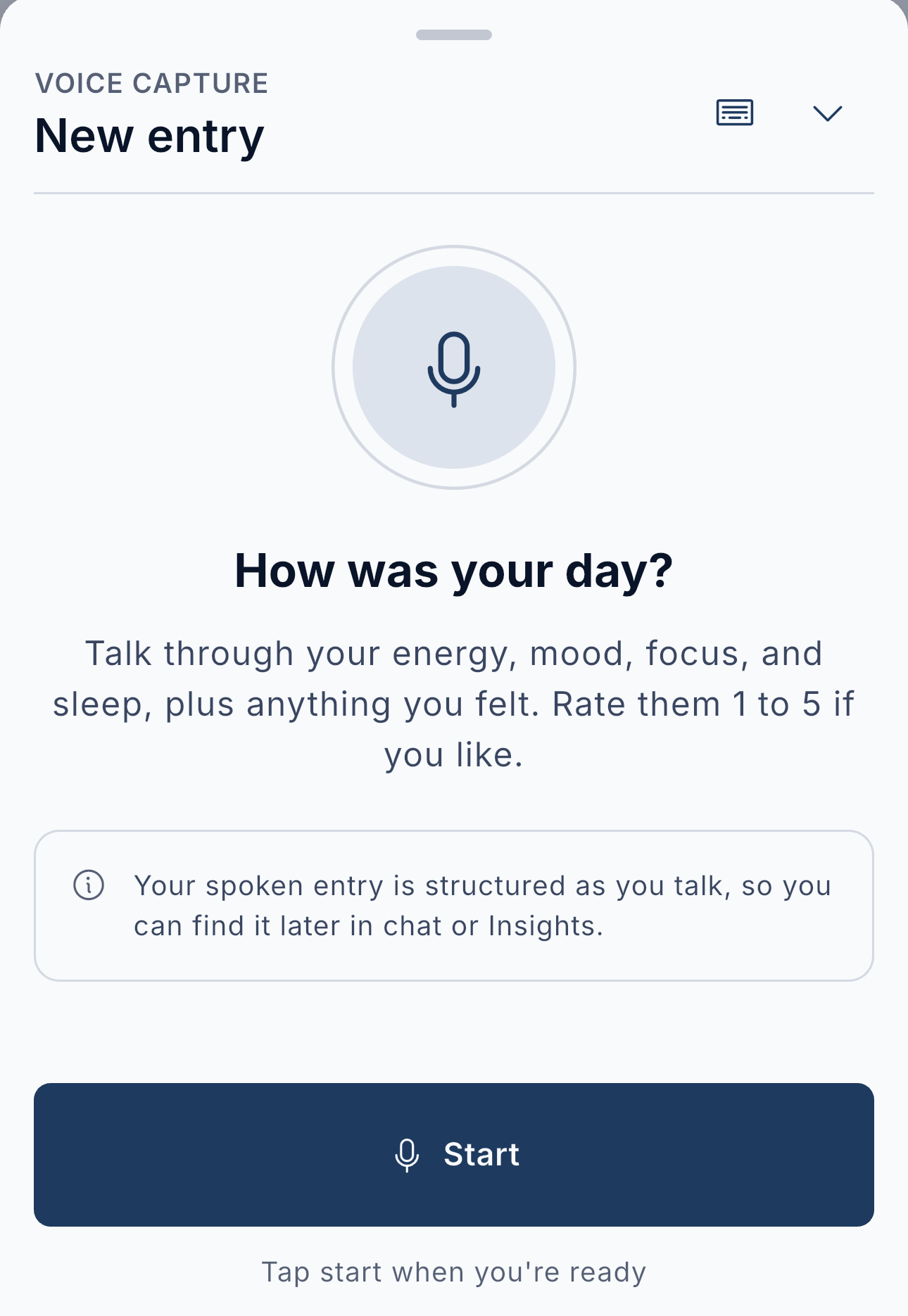 The voice capture sheet for a new journal entry: a mic button under 'How was your day?', a prompt to talk through energy, mood, focus, and sleep and rate them one to five, and a note that the spoken entry is structured as you talk so it can be found later in chat or Insights.