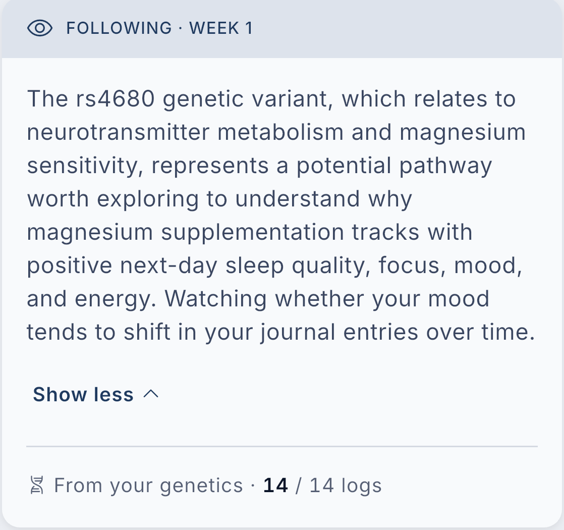 An open watch, seeded from your genetics: the rs4680 variant relating to neurotransmitter metabolism and magnesium sensitivity, being watched in week one across your journal entries.