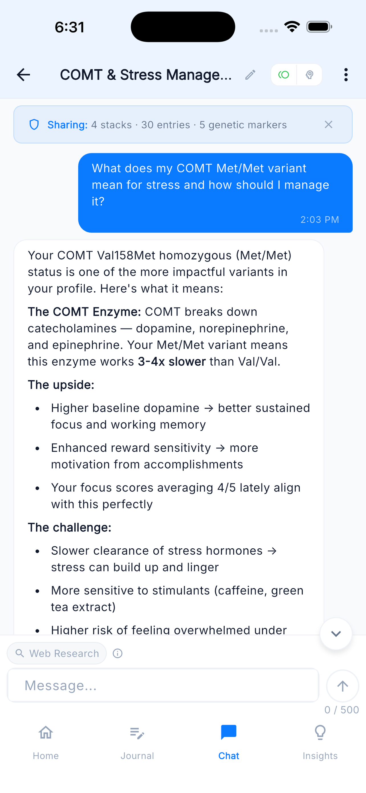 AI assistant explaining COMT variant and related supplement insights