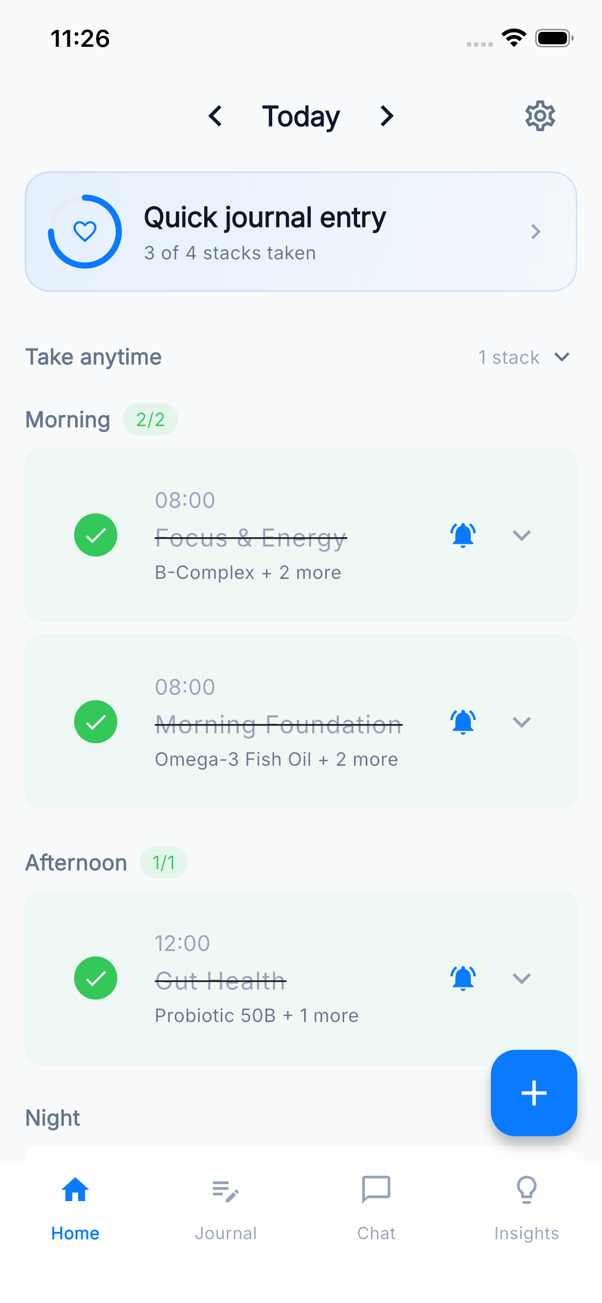 Daily supplement tracking dashboard showing morning, afternoon, and night stacks
