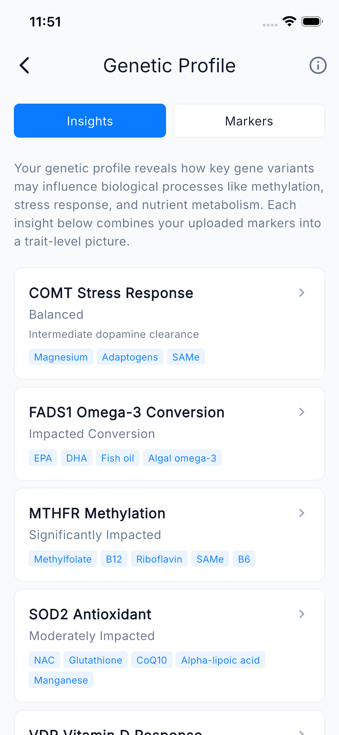 Genetic Profile showing COMT, MTHFR, and other variants organized by health category