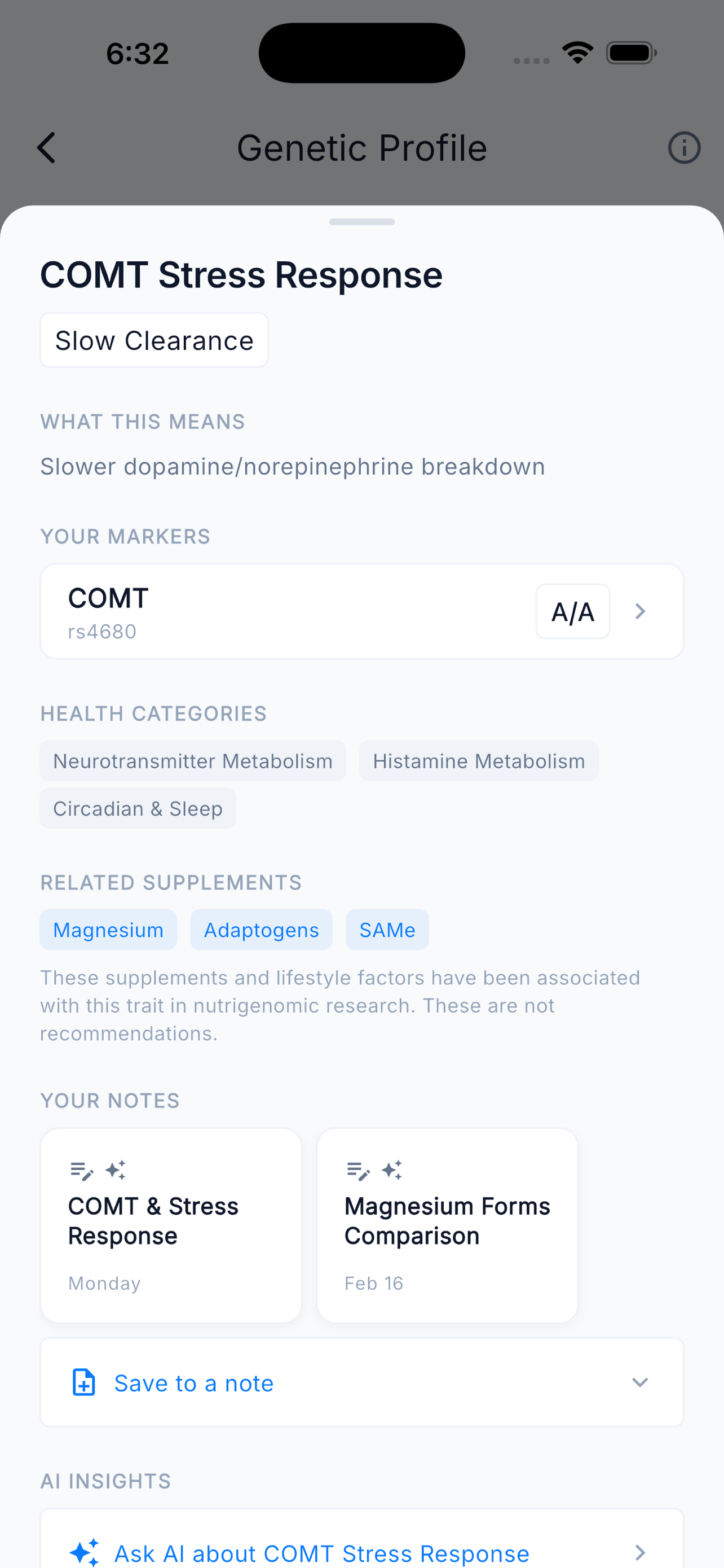 Detailed view of a single genetic variant with research context and supplement connections