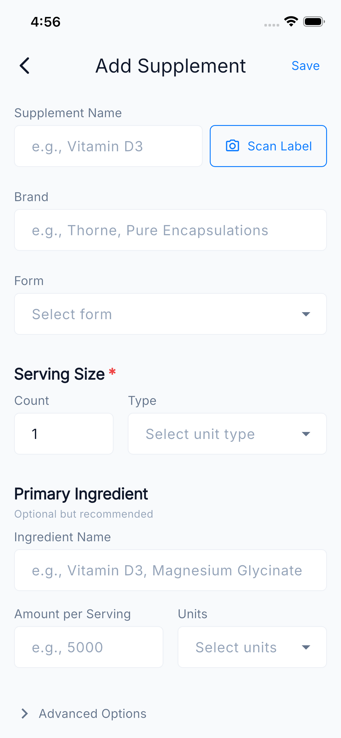 Add Supplement screen with Scan Label button that uses AI to read supplement labels